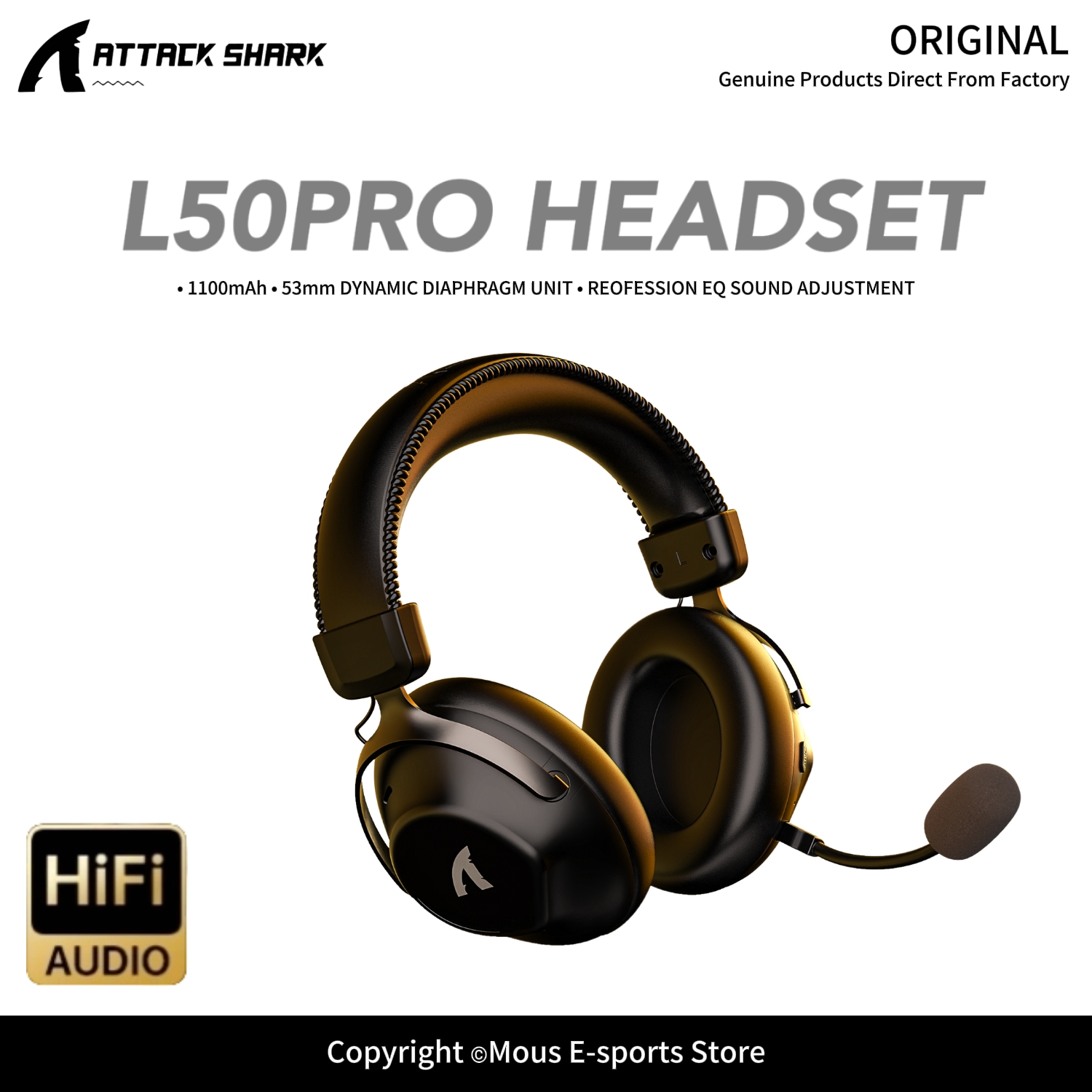 Esports Gaming Gear - หูฟังไร้สายแบบสามโหมด ATTACK SHARK L50PRO พร้อมไมโครโฟนแบบถอดได้ ให้เสียง